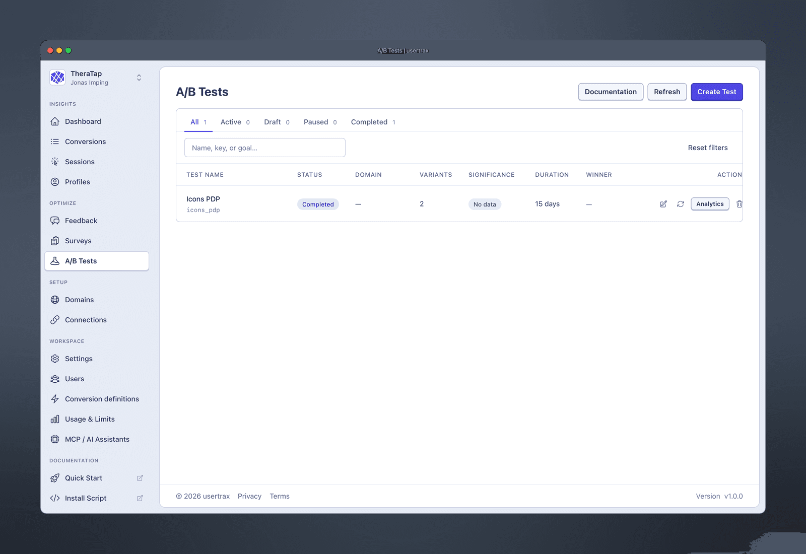 usertrax A/B-Tests mit Status, Varianten und Signifikanz