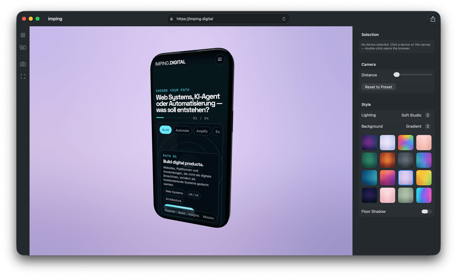 Webdm Szene mit Hintergrundoptionen und Licht-Presets