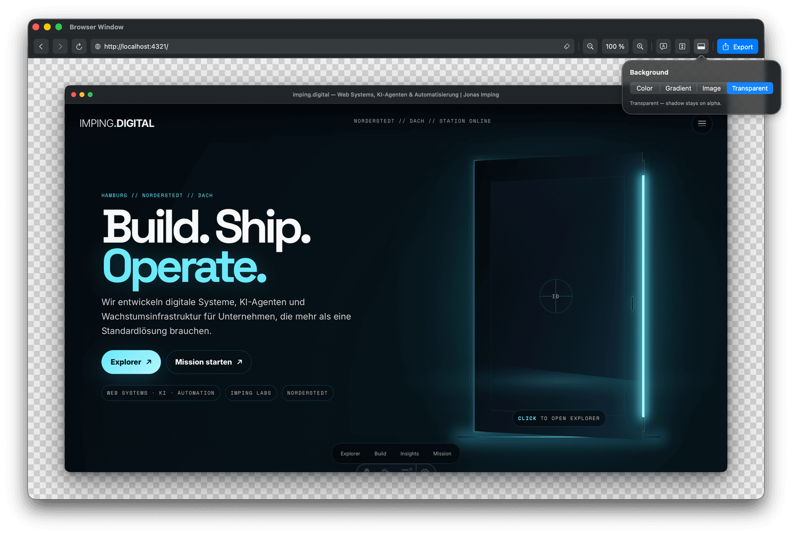 Webdm Browser-Fenster-Export mit transparentem Hintergrund