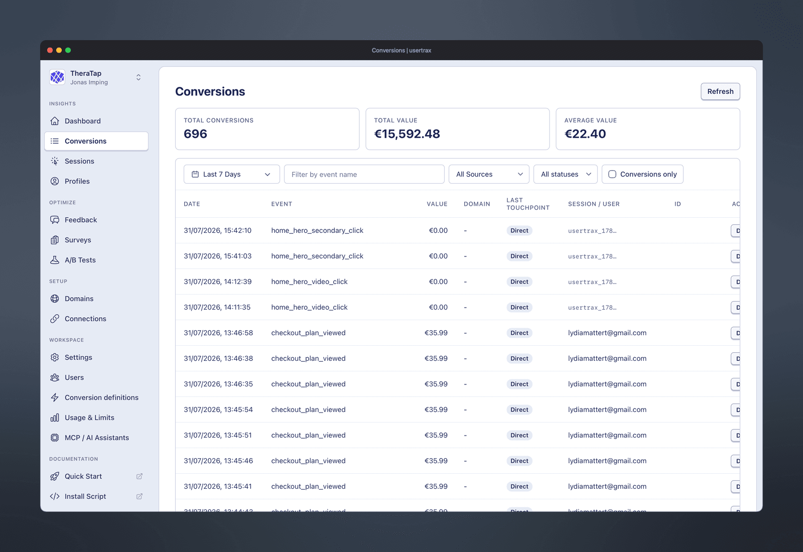 usertrax Conversions-Liste mit Event, Wert und Last Touchpoint