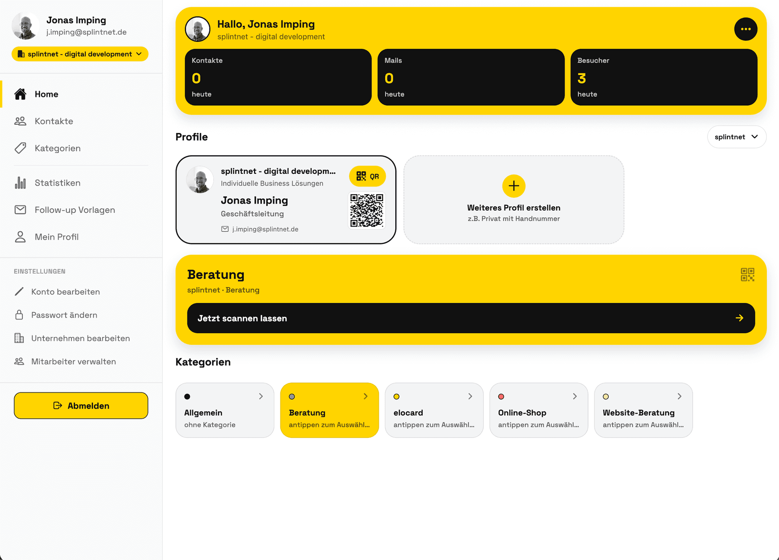 EloCard Dashboard mit Profil, QR-Code und Kategorien