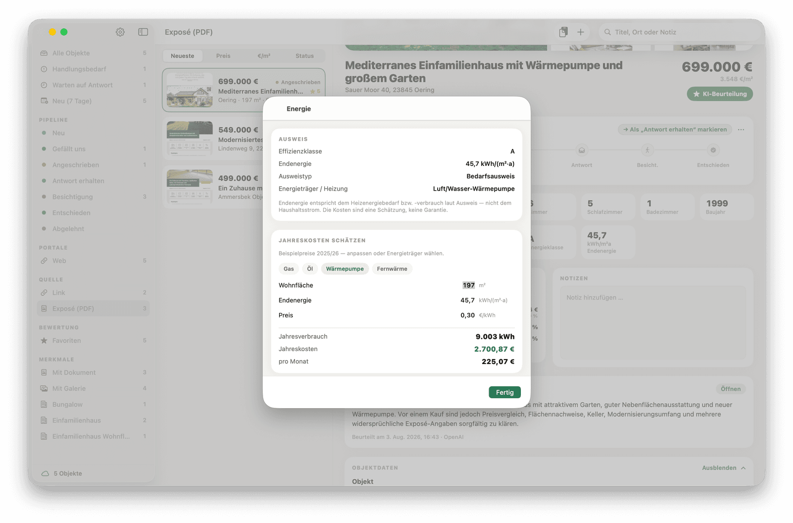 Immolike Energie-Sheet mit Ausweis und Jahreskostenschätzung