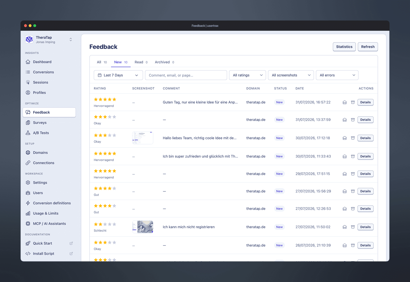 usertrax Feedback mit Bewertung, Screenshot und Kommentar