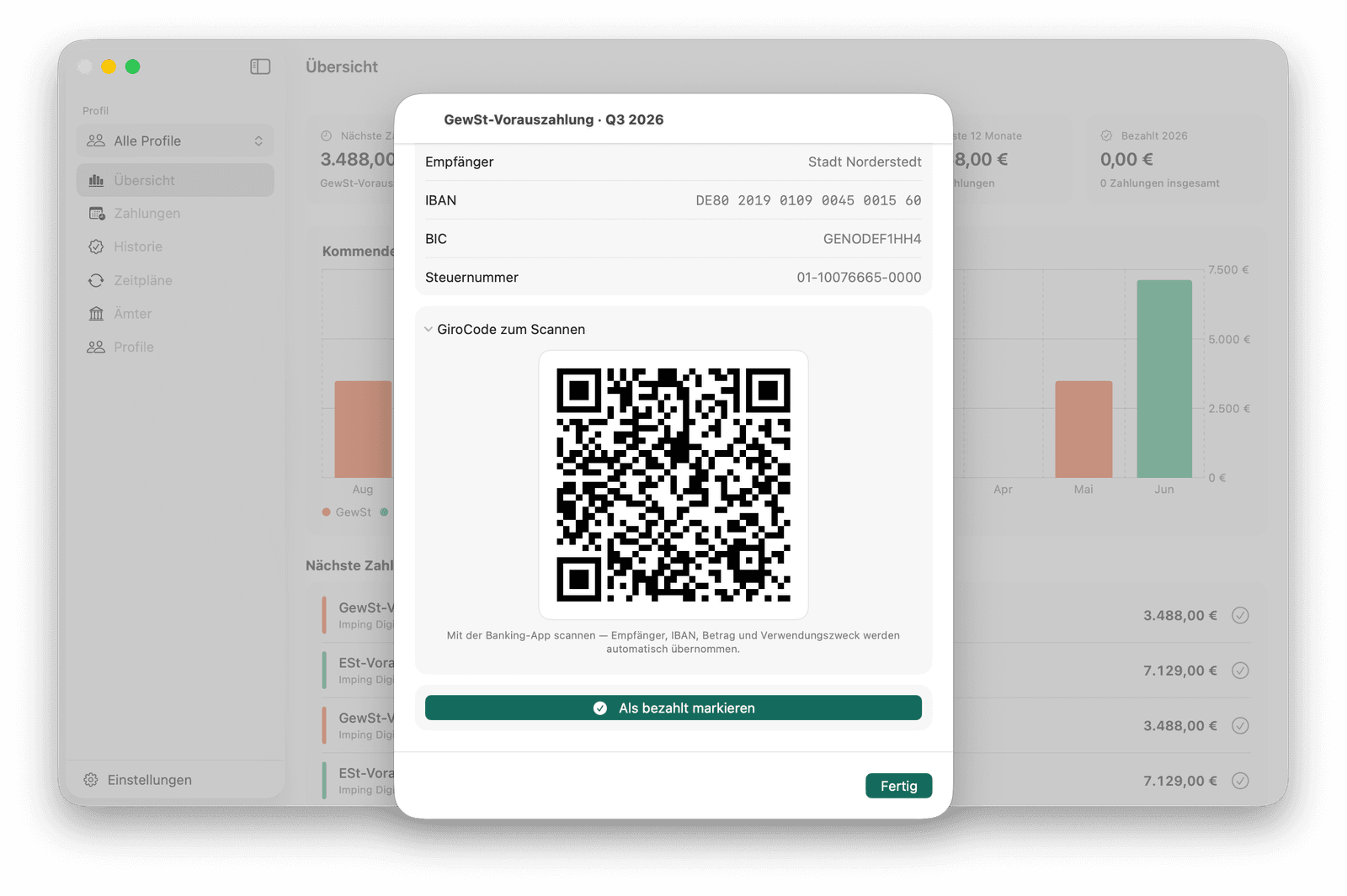 Tax Reminder Zahlungsdetail mit GiroCode (EPC-QR)