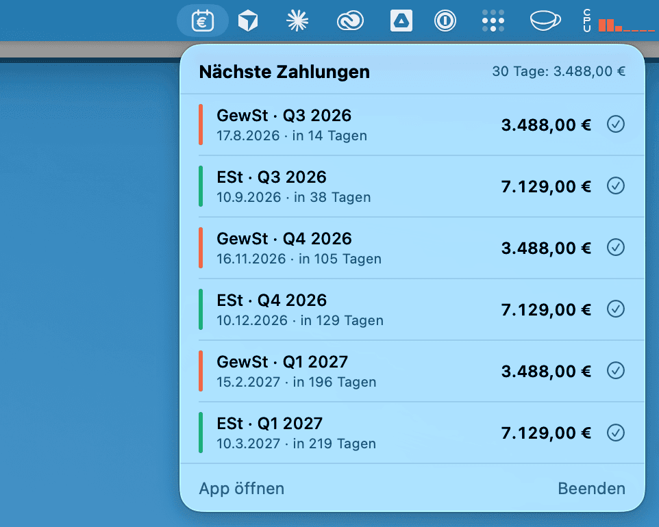 Tax Reminder Menüleisten-Tray auf dem Mac