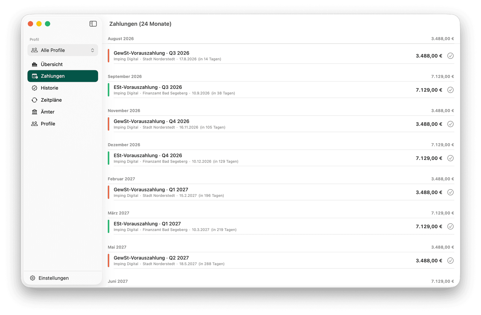 Tax Reminder Zahlungsliste über 24 Monate
